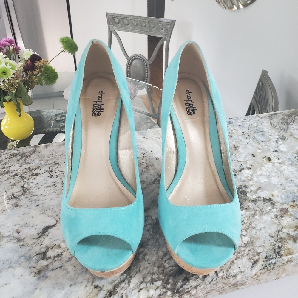 Cute and Comfortable Turquoise size 8 Wedge peep toe shoes